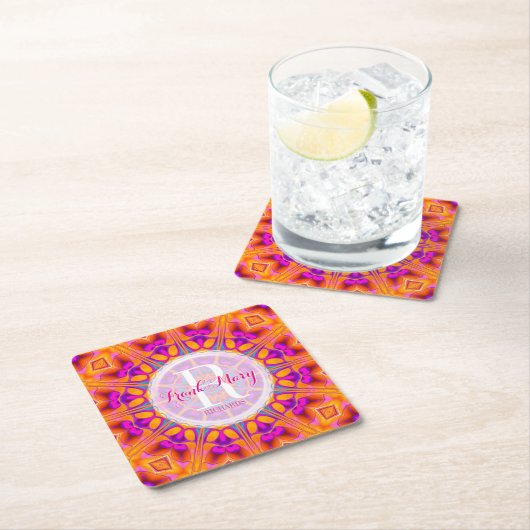 Fuchsia Pink Oranje Monogram Papier Onderzetters (Insitu)