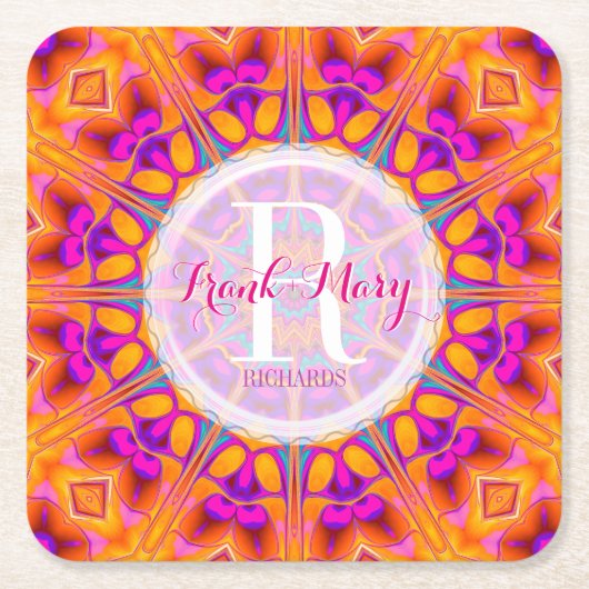 Fuchsia Pink Oranje Monogram Papier Onderzetters (Voorkant)