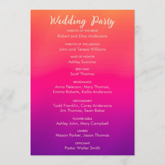 Fuchsia Pink Oranje Paars Bright en Vet Floral Programmakaart (Achterkant)