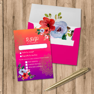 Fuchsia Pink Oranje Paars Bright en Vet Floral RSVP Kaartje