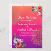 Fuchsia Pink Oranje Paars Bright en Vet Floral Save The Date (Voorkant)