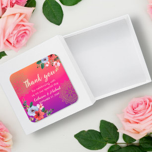 Fuchsia Pink Oranje Paars Bright en Vet Floral Vierkante Sticker