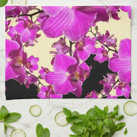 Fuchsia Pink Orchids Cream & Black Pattern Giften Theedoek (Gevouwen)