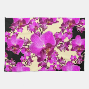 Fuchsia Pink Orchids Cream & Black Pattern Giften Theedoek