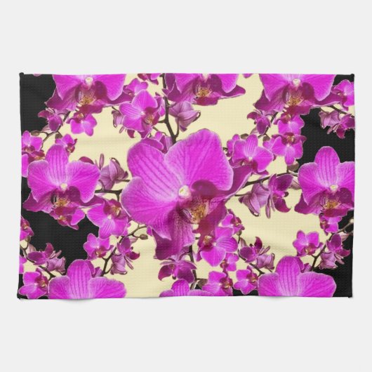 Fuchsia Pink Orchids Cream & Black Pattern Giften Theedoek (Horizontaal)