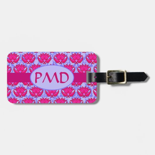 Fuchsia Pink Paars Art Nouveau Damask Monogram Bagagelabel (Voorkant horizontaal)
