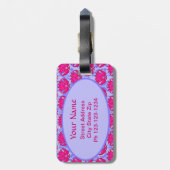 Fuchsia Pink Paars Art Nouveau Damask Monogram Bagagelabel (Achterkant verticaal)