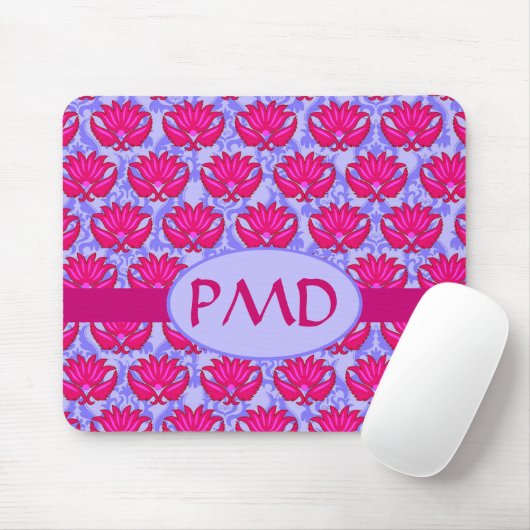 Fuchsia Pink Paars Art Nouveau Damask Monogram Muismat (Met muis)