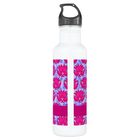 Fuchsia Pink Paars Art Nouveau Damask Monogram Waterfles (Achterkant)