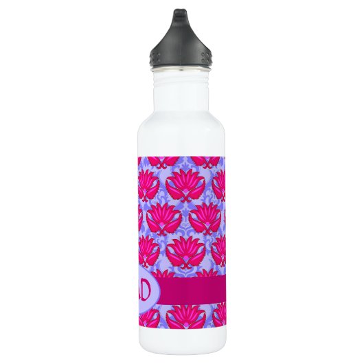 Fuchsia Pink Paars Art Nouveau Damask Monogram Waterfles (Rechts)