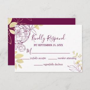 Fuchsia Pink Paars & Gold Peony Floral Wedding RSVP Kaartje