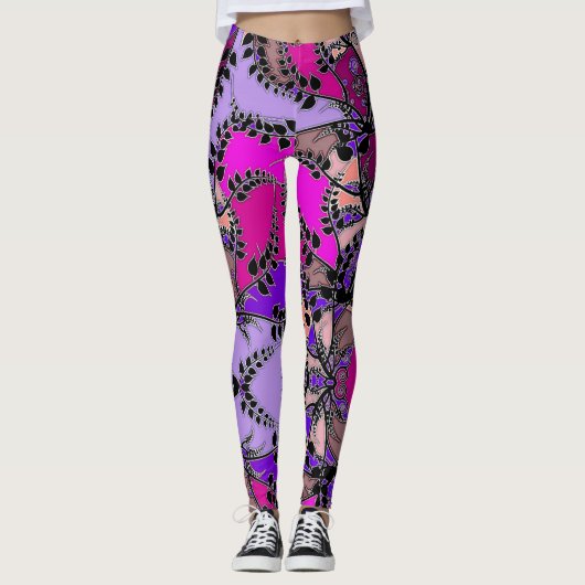 Fuchsia Pink Paarse lavender Black Leaders Abstrac Leggings (Voorkant)