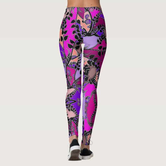 Fuchsia Pink Paarse lavender Black Leaders Abstrac Leggings (Achterkant)