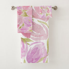 Fuchsia Pink Paarse Waterverf Flowers Patroon Bad Handdoek