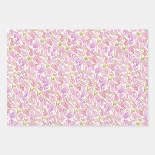 Fuchsia Pink Paarse Waterverf Flowers Patroon Inpakpapier Vel (Voorkant 3)
