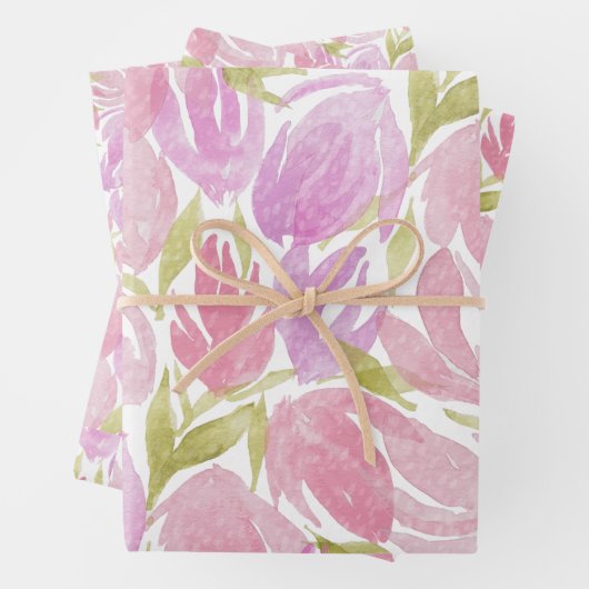 Fuchsia Pink Paarse Waterverf Flowers Patroon Inpakpapier Vel (In situ)