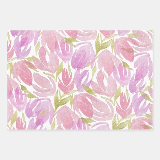 Fuchsia Pink Paarse Waterverf Flowers Patroon Inpakpapier Vel (Voorkant)