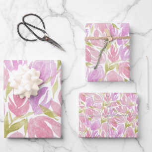 Fuchsia Pink Paarse Waterverf Flowers Patroon Inpakpapier Vel