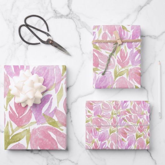 Fuchsia Pink Paarse Waterverf Flowers Patroon Inpakpapier Vel (Voorkant)