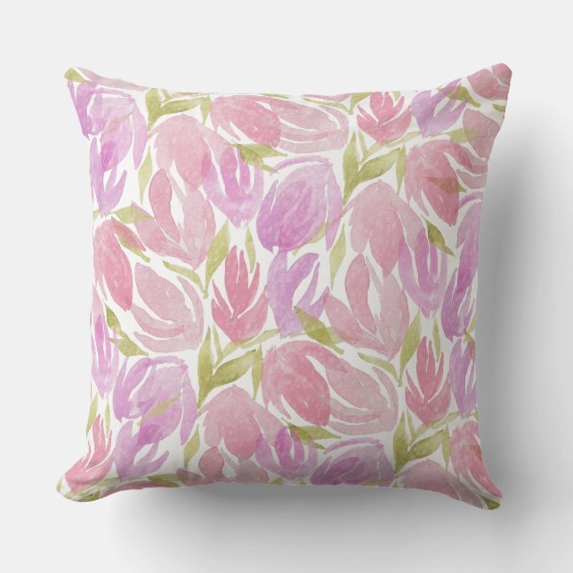 Fuchsia Pink Paarse Waterverf Flowers Patroon Kussen (Voorkant)