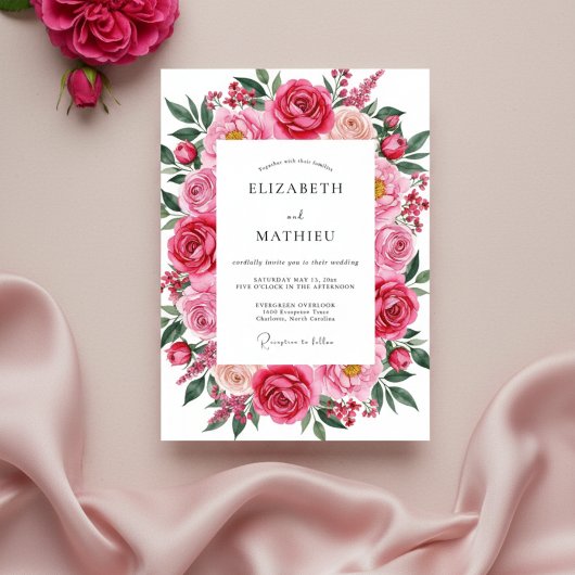 Fuchsia Pink Romantic Spring Wedding Kaart