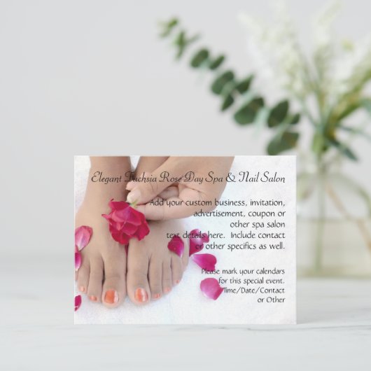 Fuchsia Pink Rose Pedicure Salon Uitnodiging Briefkaart (Staand voorkant)