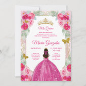 Fuchsia Pink Roses Charra Mis Quince Kaart (Voorkant)