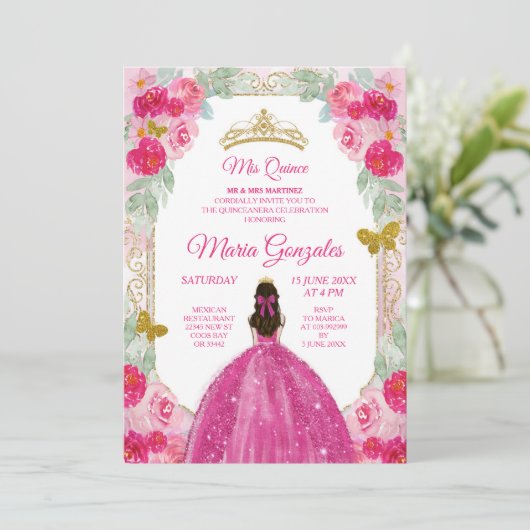 Fuchsia Pink Roses Charra Mis Quince Kaart (Staand voorkant)