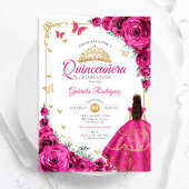 Fuchsia Pink Roses Gold Quinceanera Elegant Chic Kaart