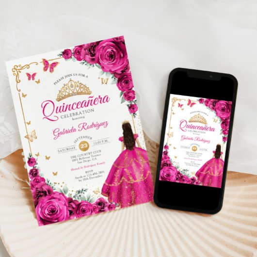 Fuchsia Pink Roses Gold Quinceanera Elegant Chic Kaart