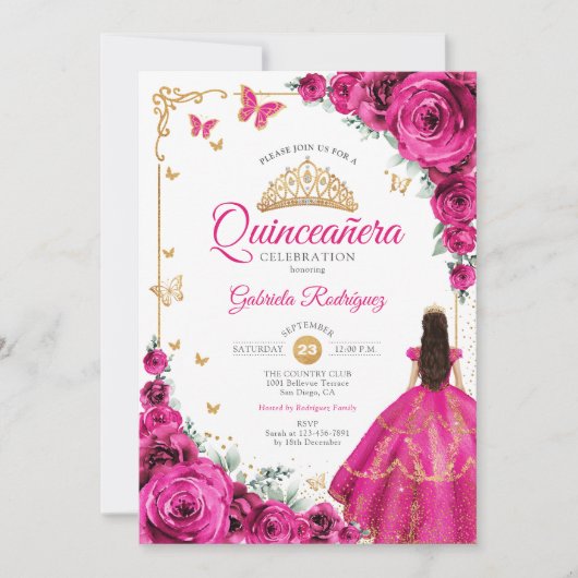 Fuchsia Pink Roses Gold Quinceanera Elegant Chic Kaart (Voorkant)