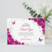 Fuchsia Pink Silver Floral Quinceanera Bedankkaart (Staand voorkant)