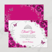 Fuchsia Pink Silver Floral Quinceanera Bedankkaart (Voorkant / Achterkant)