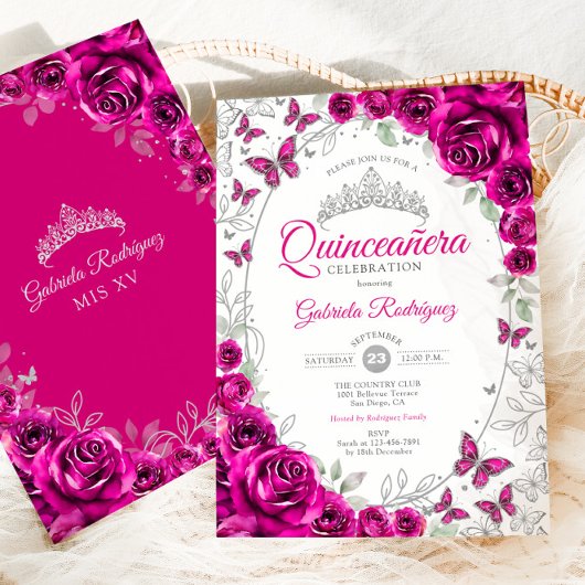 Fuchsia Pink Silver Floral Quinceanera Kaart