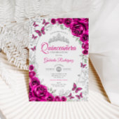 Fuchsia Pink Silver Floral Quinceanera Kaart