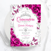 Fuchsia Pink Silver Floral Quinceanera Kaart