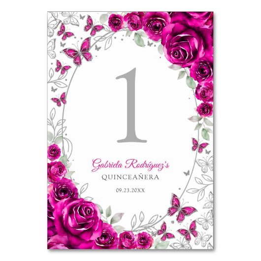 Fuchsia Pink Silver Floral Quinceanera Kaart (Voorkant)