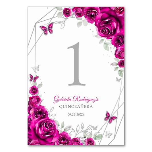 Fuchsia Pink Silver Floral Quinceanera Kaart (Voorkant)