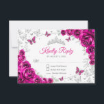 Fuchsia Pink Silver Floral Quinceanera Reply RSVP Kaartje<br><div class="desc">Fuchsia pink silver floral Quinceanera RSVP reply card. Features,  script font,  silver butterflies,  watercolor roses and tiara. Perfect for an elegant princess style glam celebration. Personalize with your own details.</div>