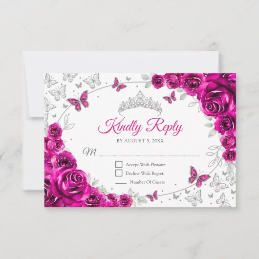 Fuchsia Pink Silver Floral Quinceanera Reply RSVP Kaartje (Voorkant)