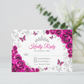 Fuchsia Pink Silver Floral Quinceanera Reply RSVP Kaartje (Staand voorkant)