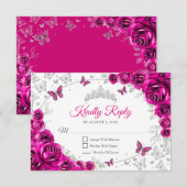 Fuchsia Pink Silver Floral Quinceanera Reply RSVP Kaartje (Voorkant / Achterkant)