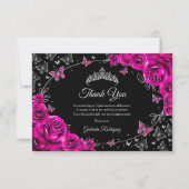 Fuchsia Pink Silver Quinceanera Bedankkaart (Voorkant)