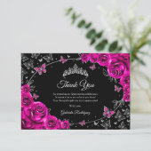 Fuchsia Pink Silver Quinceanera Bedankkaart (Staand voorkant)