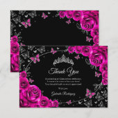 Fuchsia Pink Silver Quinceanera Bedankkaart (Voorkant / Achterkant)