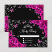 Fuchsia Pink Silver Quinceanera Reply RSVP Kaartje (Voorkant / Achterkant)