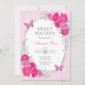 Fuchsia Pink Silver Sweet Sixteen 16th Birthday Kaart (Voorkant)
