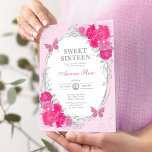 Fuchsia Pink Silver Sweet Sixteen 16th Birthday Kaart<br><div class="desc">The perfect invitation for your daughter's Sweet 16 is finally here! The chic design features elegant watercolor pink & fuchsia roses,  sweet butterflies and a modern oval silver frame. Click the "customize further" button if you wish to re-arrange and format the style and placement of the text.</div>