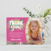 Fuchsia Pink Tropical Floral Beach Party foto Bedankkaart (Staand voorkant)
