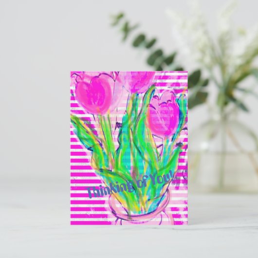 Fuchsia Pink Tulips in een Vase Multimedia Briefka Briefkaart (Staand voorkant)